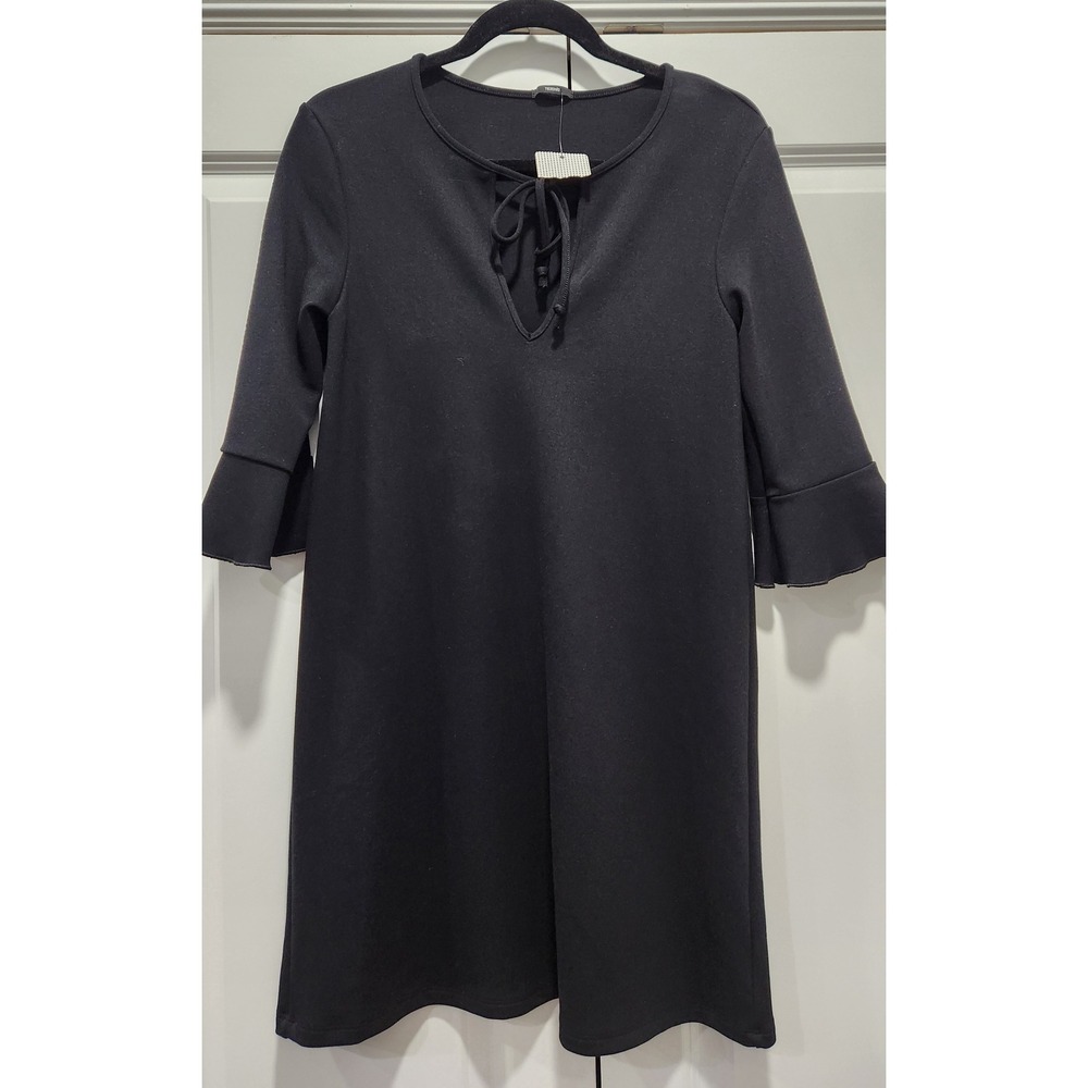 Tezenis Black Lace Up Neck Keyhole Shift Dress 3/4 Bell Sleeve Women's Small NWT
